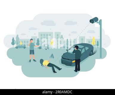 Videoüberwachung. ÜBERWACHUNGSKAMERAS. Eine Videoüberwachungskamera hat einen Verkehrsunfall aufgezeichnet. Das Auto hat einen Mann niedergeschlagen. Ein Fußgänger liegt auf der Straße. Vektor Stock Vektor