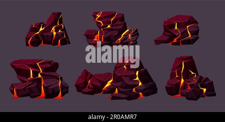 Vulkansteinstruktur mit Lava in Rissen und gebrochenen Steinen. Vulkanische Felsen mit Lichteffekt in Rissen und Oberflächenbrüche mit heißem Magma, Vektorgrafiken Stock Vektor