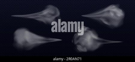 Staub-Wasser-Sprühvektor. Luftnebelraucheffekt auf transparentem Hintergrund isoliert. 3D Spritzer Pulverpartikel und abstraktes kosmetisches Tropfenset. Luftiger Wolkenduft Duft Dampf. Explosion durch Schießpistolen Stock Vektor