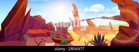 Rock und Canyon in der Wüstenprachtlandschaft. Hintergrunddarstellung des Felsfelsgeländes der USA. Leere Dürreformation im Arizona Valley, brauner Sandsteinbogen, Kakteen, Tumbleweed Panoramaszene Stock Vektor