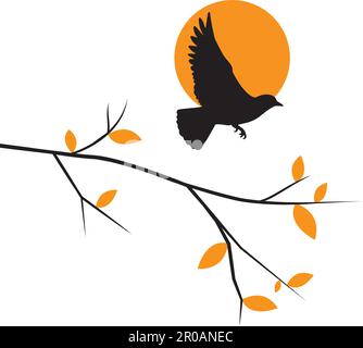 Vogelsilhouette bei Sonnenuntergang, Vektor. Fliegender Vogel bei Sonnenuntergang isoliert auf weißem Hintergrund. Wandaufkleber, Wandbilder. Das Konzept der Liebe Stock Vektor