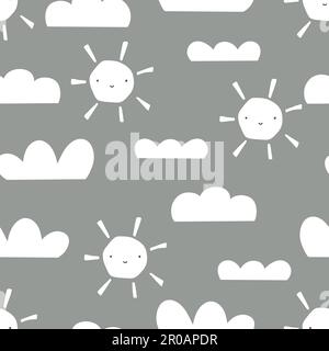 Handgezeichnetes Farbmuster mit süßer, lächelnder Sonne und Wolken. Stock Vektor