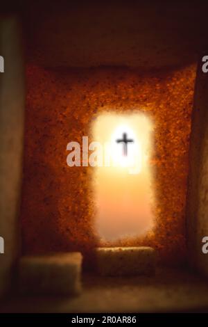 Höhle oder Tunnel Es ist das Grab, in dem sein lebloser Körper liegt. Das Konzept der Auferstehung Jesu im Christentum. Kreuzigung auf Calvary oder G Stockfoto