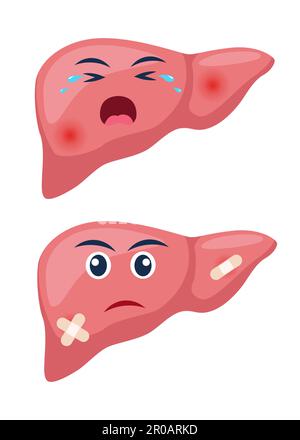 Kranke Leber mit Schmerzen oder Krankheit. Trauriger Cartoon Charakter Leber, Körperorgan verletzt oder ungesund. Menschliche Cartoon-Anatomie, Kindermedizin. Vektorillus Stock Vektor