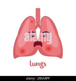 Kranke Lungen mit Schmerzen oder Krankheit. Traurige Cartoon Charakter Lungen, Körperorgan verletzt oder ungesund. Menschliche Cartoon-Anatomie, Kindermedizin. Vektorillus Stock Vektor