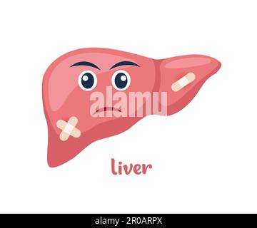 Kranke Leber mit Schmerzen oder Krankheit. Trauriger Cartoon Charakter Leber, Körperorgan verletzt oder ungesund. Menschliche Cartoon-Anatomie, Kindermedizin. Vektorillus Stock Vektor