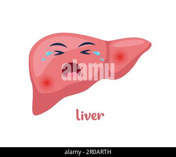 Kranke Leber mit Schmerzen oder Krankheit. Trauriger Cartoon Charakter Leber, Körperorgan verletzt oder ungesund. Menschliche Cartoon-Anatomie, Kindermedizin. Vektorillus Stock Vektor