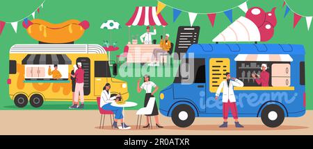 Street Fast Food Festival. Café-Lkw-Markt. Verkäufer an der Theke, der Dot Dogs und Eis verkauft. Säfte-Kioske. Glückliche Verkäufer und Käufer. Besucher bei Stock Vektor