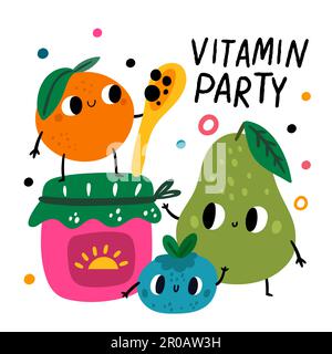 Lustige Obstkarte. Vitaminparty. Zeichentrickfiguren mit lächelnden Gesichtern. Birne und Orange. Süße Blaubeere. Marmeladentopf. Gesundes Essen. Süße Beeren Stock Vektor