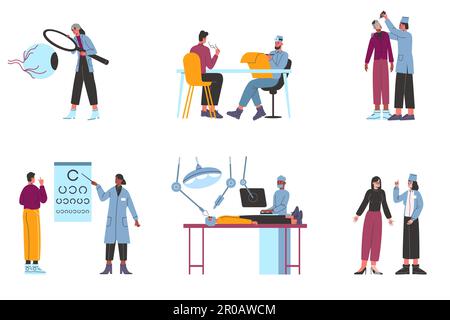 Ophthalmologische Elemente. Cartoon-Optometristen-Sprechstunde. Laservisionskorrektur. Der Arzt überprüft das Sehvermögen des Patienten. Augeninnendruck. Optometrische Diagnostik Stock Vektor