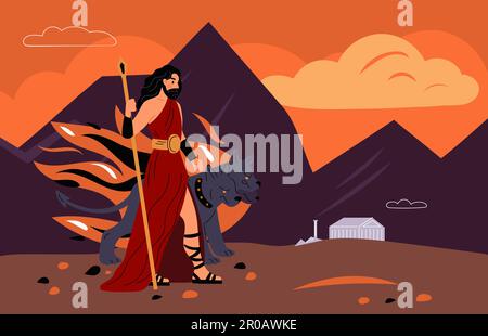 Überragender griechischer gott. Cartoon-Figur Hades. Cerbero-Hund mit Köpfen. Alte Mythologie, göttlicher Mensch. Berglandschaft. Mythologischer Römischer Pluto Stock Vektor