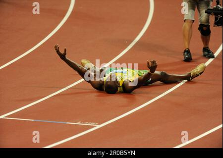 Usain Bolt, JAM gewinnt das 200m Finale und wird Olympiasieger in neuer Weltrekordzeit von 19,30 sec. Leichtathletik, 20,8.2008. Olympia 2008 - Peking - China Stockfoto