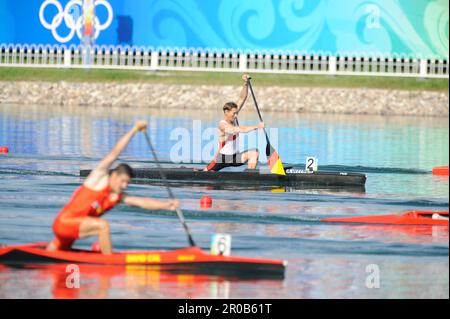 Andreas Dittmer Aktion im C1 über 1000m. Kanurennsport 1. Finaltag. 22,8.2008.Olympia 2008 - Peking - China Stockfoto