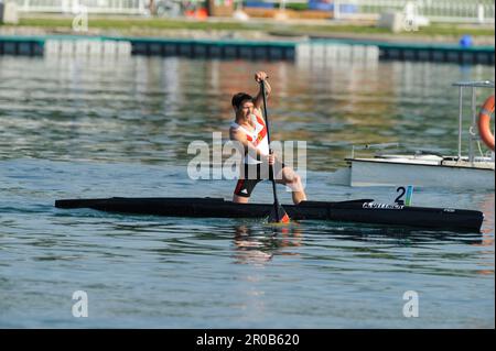 Andreas Dittmer Aktion im C1 über 1000m. Kanurennsport 1. Finaltag. 22,8.2008.Olympia 2008 - Peking - China Stockfoto