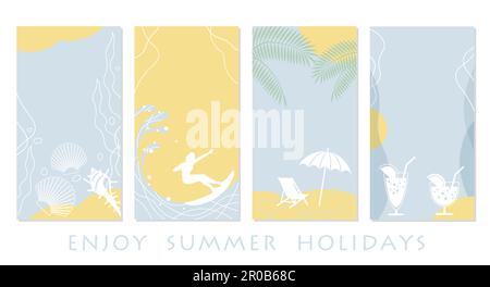 Vektor-pastellfarbener Sommer-Grußkarten-Vorlagensatz mit Strand, Meer, Himmel und Textraum isoliert auf weißem Hintergrund. Stock Vektor