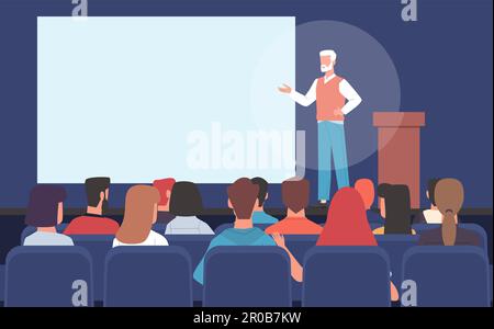 Der Mann führt die Präsentation eines neuen Produkts oder eine Geschäftsschulung durch. Die Leute sitzen hinten, das Poster ist leer. Mentor unterrichtet Arbeiter. Seminarpublikum Stock Vektor