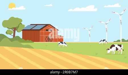 Sommerlandschaft mit Feldern, Wiesenpanorama, Weiden mit Kühen und Scheunen, Sonnenkollektoren und Windparks. Landwirtschaftshintergrund, Trickfilm-Wohnung Stock Vektor