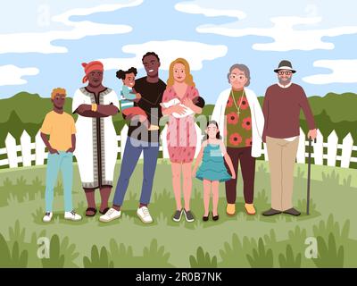 Multirassische glückliche Familie. Angehörige verschiedener ethnischer Gruppen, Mischung aus Nationalitäten, Eltern, Kindern und Großeltern auf dem Lande, europäisch Stock Vektor