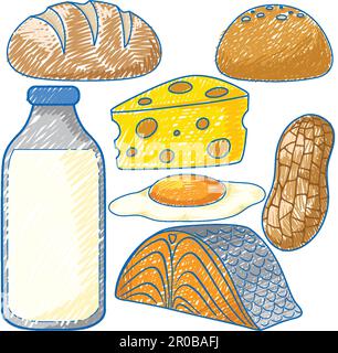 Verschiedene Speisen in Bleistiftfarben Skizze Simple Style Illustration Stock Vektor