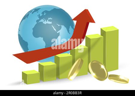 Gebogener Pfeil, Planet Erde, fliegende Münzen, roter flexibler Aktienpfeil nach oben Wachstumssymbol. Konzept für Investitionen und Finanzwachstum. Börsennachrichten Impuls Stock Vektor