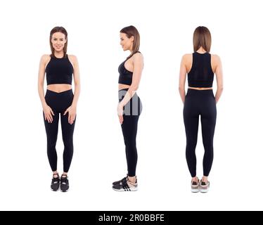 Junge Frau in Sportbekleidung, vorne, seitlich, hinten, isoliert auf weißem Hintergrund Stockfoto