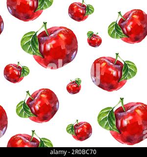 Wasserfarbener, Sommer isolierter roter Apfel auf weißem Hintergrund. Stockfoto