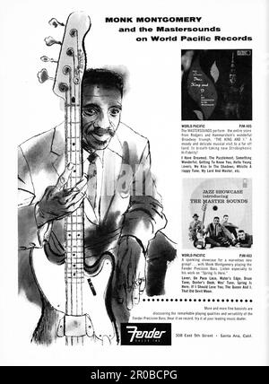 Ein Werbespot für Fender Bass-Gitarren mit dem legendären Jazz-Bassist Monk Montgomery. Aus einem Musikmagazin aus dem späten 1950er. Jahrhundert. Stockfoto