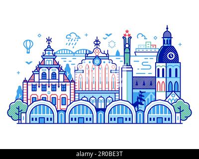 Skyline der Altstadt von Riga in Line Art Stock Vektor