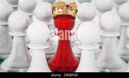 Rote schach Bauer mit der goldenen Krone stehen unter weißen Bauern. 3D-Darstellung. Stockfoto