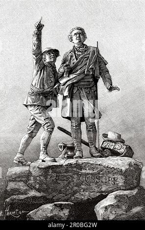 Mont Blanc erster Aufstieg. Monument für Benedict de Saussure in Chamonix vom französischen Bildhauer Jean-Jules Salmson, Frankreich. Alte Gravur aus dem 19. Jahrhundert aus La Nature 1887 Stockfoto