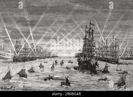 Feier der Jubiläumsflotte von Königin Victoria anlässlich des 50. Jahrestags ihrer Herrschaft am 23. Juli 1887. Das elektrische Licht der britischen Flotte in Spithead, Vereinigtes Königreich. Alte Gravur aus dem 19. Jahrhundert aus La Nature 1887 Stockfoto