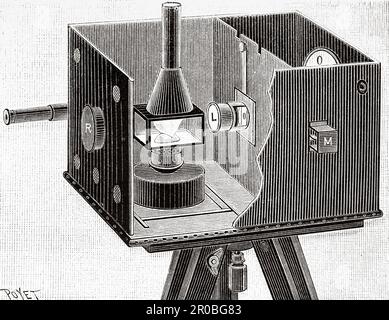 Oberst Laussedat optischer Feldtelegrafenapparat. Alte Gravur aus dem 19. Jahrhundert aus La Nature 1887 Stockfoto