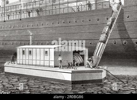 Druckdampfdesinfektionsschiff in Betrieb neben einem Schiff. Alte Gravur aus dem 19. Jahrhundert aus La Nature 1887 Stockfoto