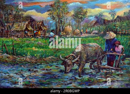 Kunst Malerei Ölfarbe Thailand Landbüffel, Pflugmann, Bio-Landwirtschaft Stockfoto