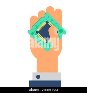 Computerprozessor-Chip in der Hand. Symbol für harte Arbeit des Programmierers, Aktivitäten von Systemadministratoren, wissenschaftliche Innovation, technische Fortschritte und Stock Vektor