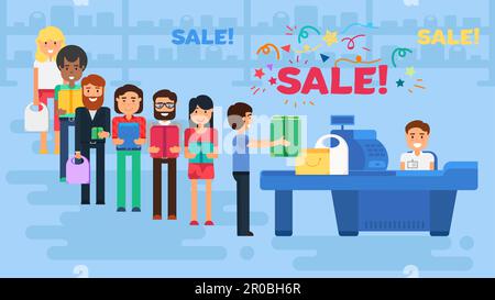 Filiale mit Kunden und Kassierer in der Nähe der Kasse. Ladengeschäfte oder Einzelhandelsverkäufe. Illustration des Einkaufskonzepts. Die Leute zahlen Käufe. Sal Stock Vektor