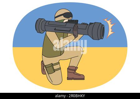 Soldat in Uniform mit Raketenwaffe isoliert auf ukrainischer Flagge. Krieger oder Armeeanführer mit Panzerabwehrgewehr kämpfen für die Ukraine im Krieg gegen Russland. Moderner Raketenwerfer. Vektorgrafik. Stock Vektor