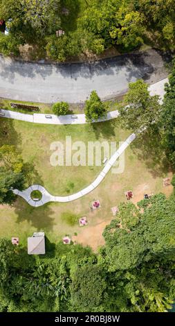 Draufsicht Luftfoto einer fliegenden Drohne eines Stadtparks mit Wanderweg und Bäumen in der grünen Zone an einem sonnigen Tag. Stockfoto