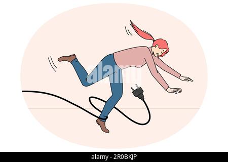 Ungeschickte Frau stolpert, als das Netzkabel auf den Boden fällt. Grazlose weibliche fallen nach unten mit Verletzungen oder Trauma wegen des Unfalls. Vorsicht oder Warnung. Risiko- und Challenge-Konzept. Vektorgrafik. Stock Vektor