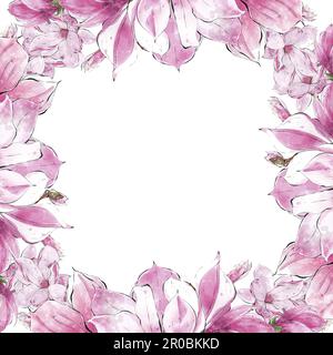 Banner mit Blumenmuster und Magnolien-Blumen in Aquarellfarben, Design für Hochzeitseinladungen und Grußkarten. Stockfoto