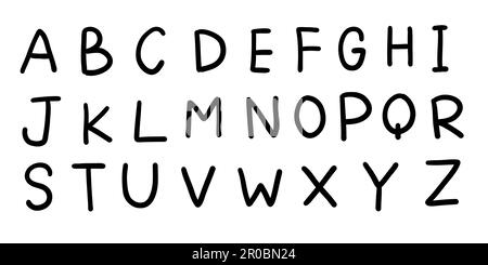 Unregelmäßige Formen Schwarze englische lateinische abc-Schriftart A bis z. Vektorgrafik in handgemachtem Doodle, handgeschriebenes Doodle-Stil isoliert auf weißem Rücken Stock Vektor