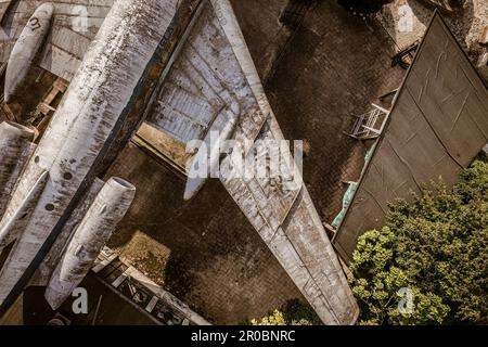 Ein fesselndes Luftfoto eines verlassenen Flugzeugs aus einer Top-Down-Perspektive, das seine Isolation und Verfall offenbart. Stockfoto