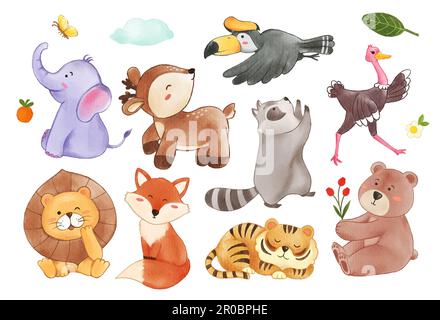 Sammlung von Wildtieren und Pflanzenelementen. Aquarellmalerei Cartoon-Figur. Vector . Stock Vektor