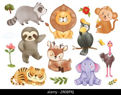 Sammlung von Wildtieren und Pflanzenelementen. Aquarellmalerei Cartoon-Figur. Vector . Stock Vektor