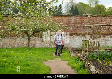 Zwei alte Leute in einem von Mauern umgebenen Garten Stockfoto