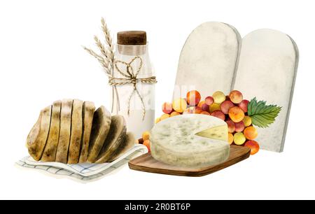 Aquarell Shavuot Grußkartenvorlage mit Weihnachtssymbolen, Steintafeln, Käse, Brot, Milch. Weizen, Trauben Stockfoto
