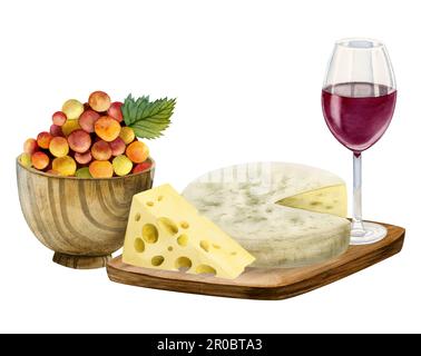 Aquarell-Schweizer Käse, Camembert, Schimmelkäse mit Trauben in Schleife, Rotweinglas Illustration. Handgezogener Appatizer Stockfoto