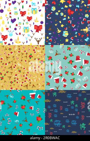 Merry Christmas Nahtloses Set Mit Mustern. Happy Xmas Deer, Santa Claus Hut, Holly Beeren, Karamellstab. Designelemente für Einladung, Begrüßung, Karte A. Stock Vektor