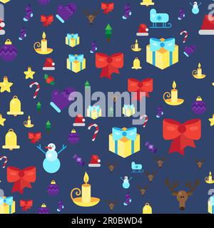 Merry Christmas Nahtloses Muster mit Geschenk, Happy Xmas Deer, Weihnachtsmann Hut, Holly Beeren, Karamellstab. Hintergrundelemente für die Einladung entwerfen, Stock Vektor