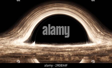 Schwarzes Loch im Weltraum, das den Weltraum verschlingt, und schwarze Materie. Interstellarer Raum, heißes ionisiertes Gas um ein schwarzes Loch. Verzerrung von Raum und Zeit. 3D-Rendern Stockfoto
